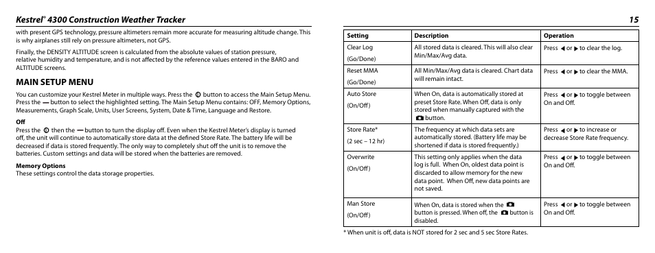 Kestrel, Main setup menu | Kestrel 4300 (Construction) User Manual | Page 8 / 19