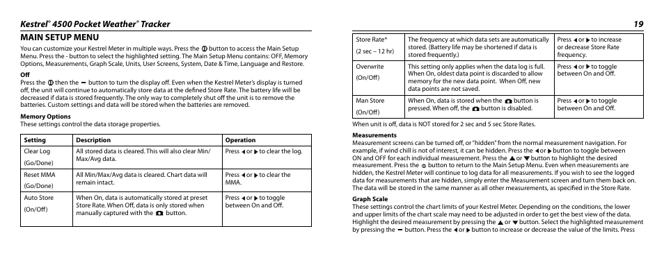 Kestrel, 4500 pocket weather, Tracker 19 main setup menu | Kestrel 4500 User Manual | Page 10 / 19