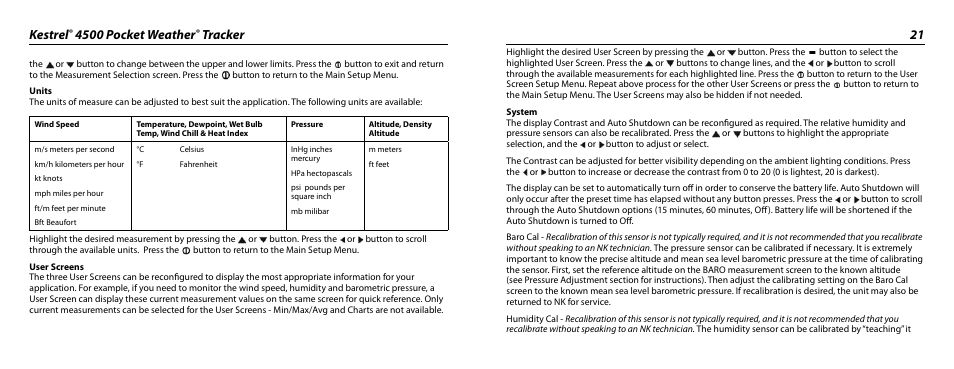 Kestrel, 4500 pocket weather, Tracker 21 | Kestrel 4500 User Manual | Page 11 / 19