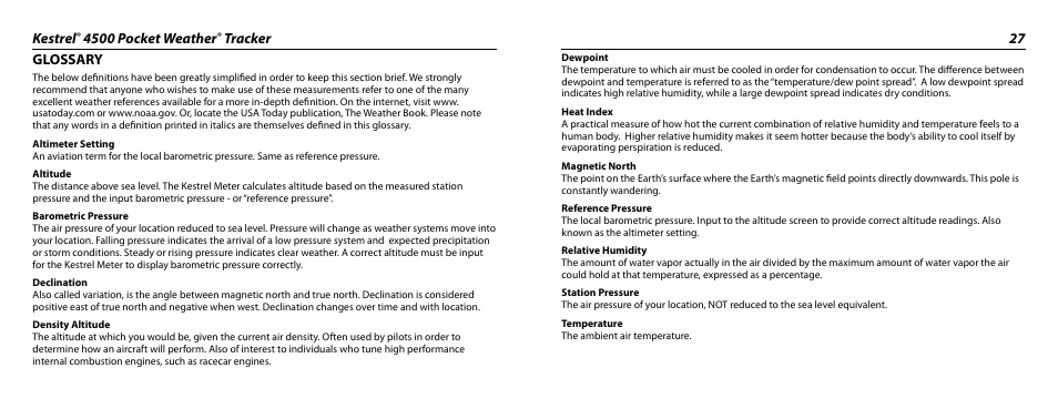Kestrel, 4500 pocket weather, Tracker 27 glossary | Kestrel 4500 User Manual | Page 14 / 19