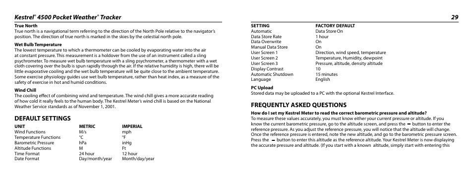 Kestrel, 4500 pocket weather, Tracker 29 | Default settings, Frequently asked questions | Kestrel 4500 User Manual | Page 15 / 19