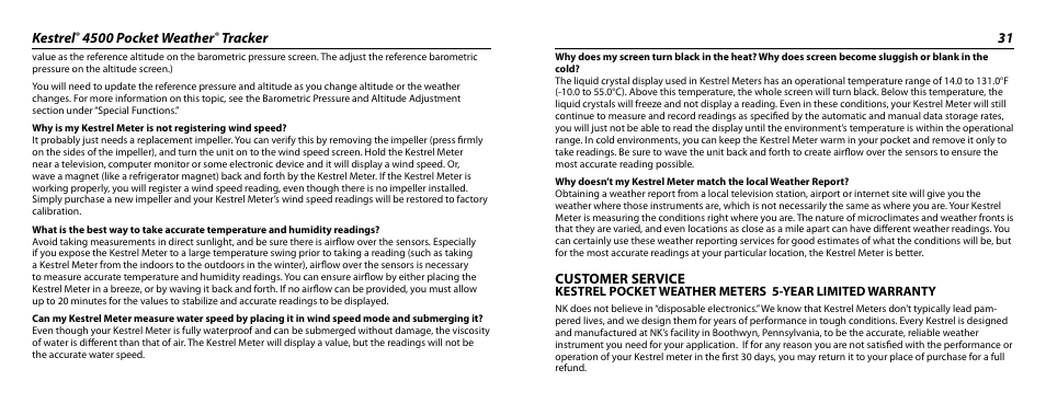 Kestrel, 4500 pocket weather, Tracker 31 | Customer service | Kestrel 4500 User Manual | Page 16 / 19
