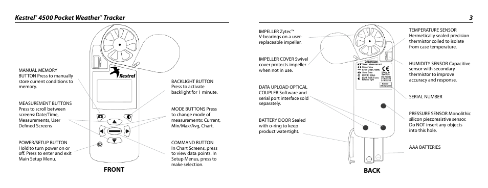 Kestrel, 4500 pocket weather, Tracker 3 | Back, Front | Kestrel 4500 User Manual | Page 2 / 19