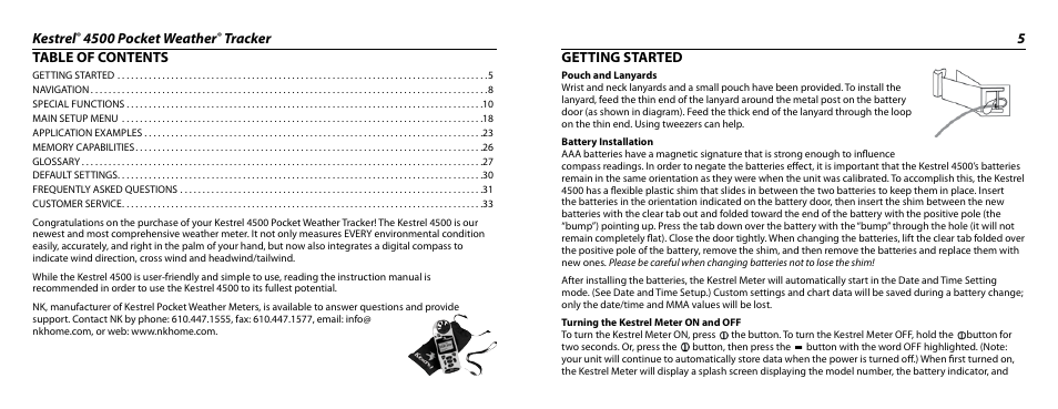 Kestrel, 4500 pocket weather, Tracker 5 table of contents | Getting started | Kestrel 4500 User Manual | Page 3 / 19