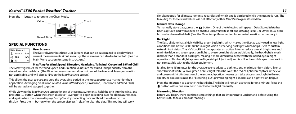 Kestrel, 4500 pocket weather, Tracker 11 | Special functions | Kestrel 4500 User Manual | Page 6 / 19