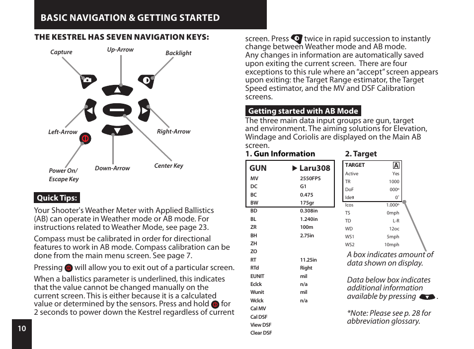 Basic navigation & getting started | Kestrel 4500NV Applied Ballistics Meter User Manual | Page 10 / 40