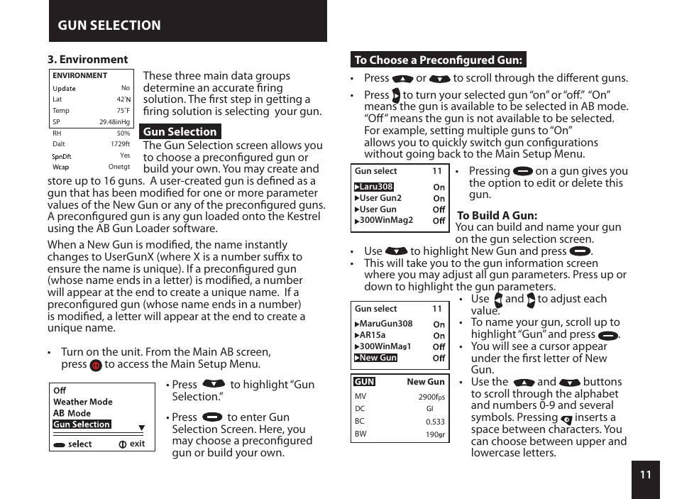 Gun selection | Kestrel 4500NV Applied Ballistics Meter User Manual | Page 11 / 40