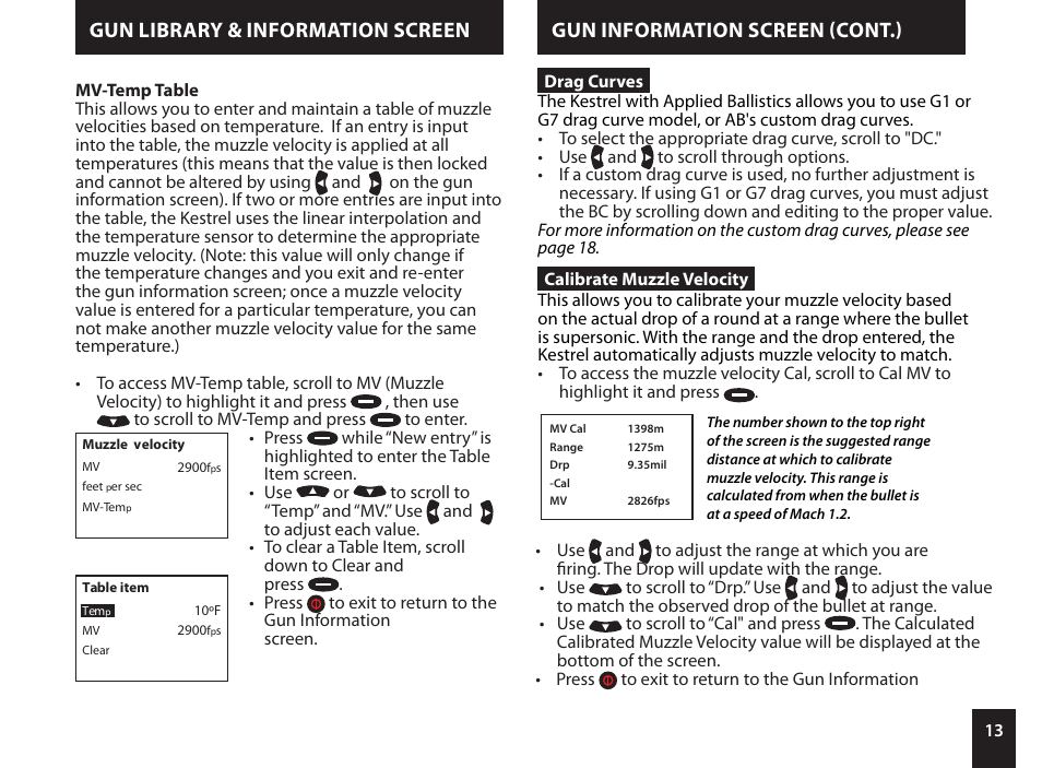 Gun library & information screen, Gun information screen (cont.) | Kestrel 4500NV Applied Ballistics Meter User Manual | Page 13 / 40