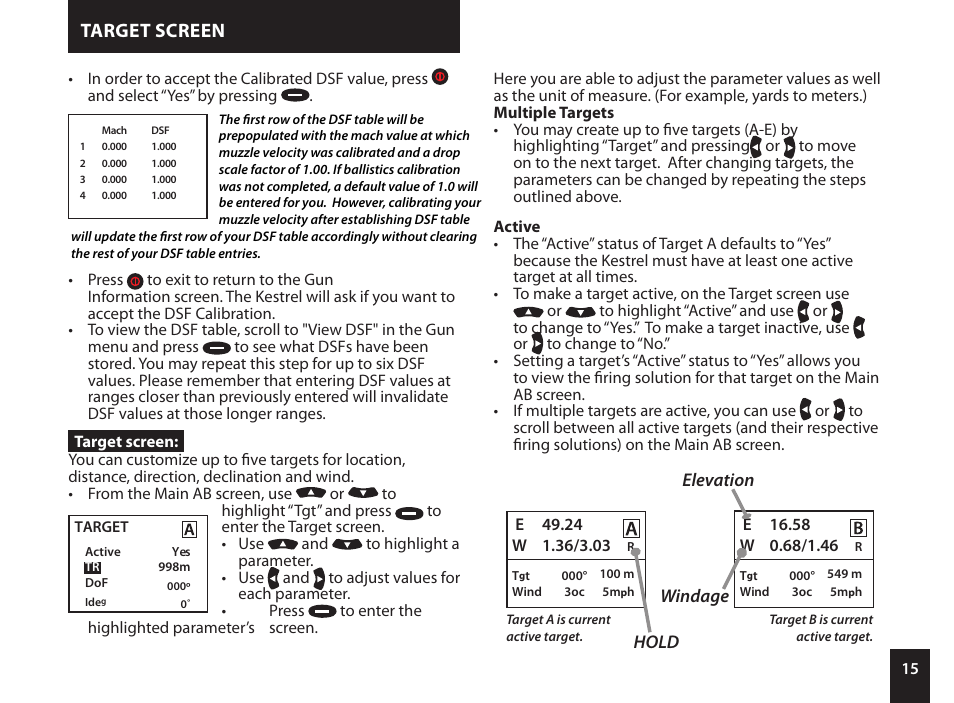 Target screen, Hold windage elevation | Kestrel 4500NV Applied Ballistics Meter User Manual | Page 15 / 40