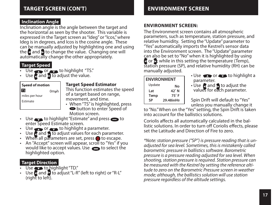 Target screen (con't), Environment screen | Kestrel 4500NV Applied Ballistics Meter User Manual | Page 17 / 40