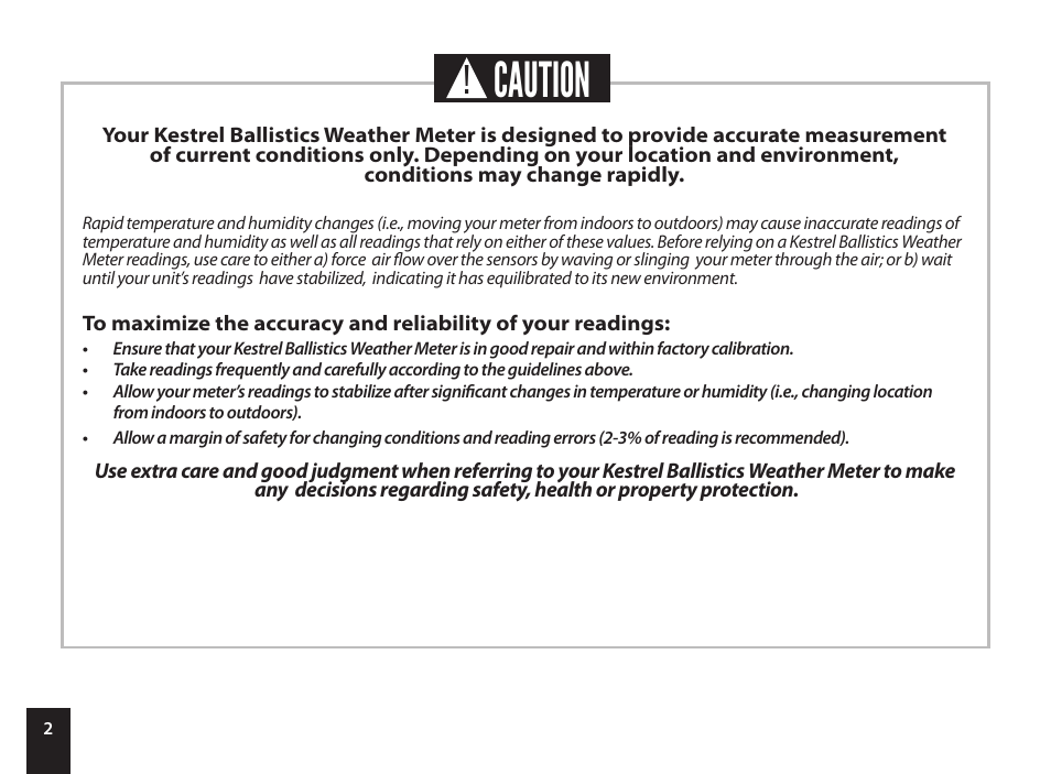 Caution | Kestrel 4500NV Applied Ballistics Meter User Manual | Page 2 / 40