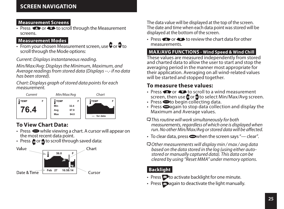 Screen navigation | Kestrel 4500NV Applied Ballistics Meter User Manual | Page 25 / 40