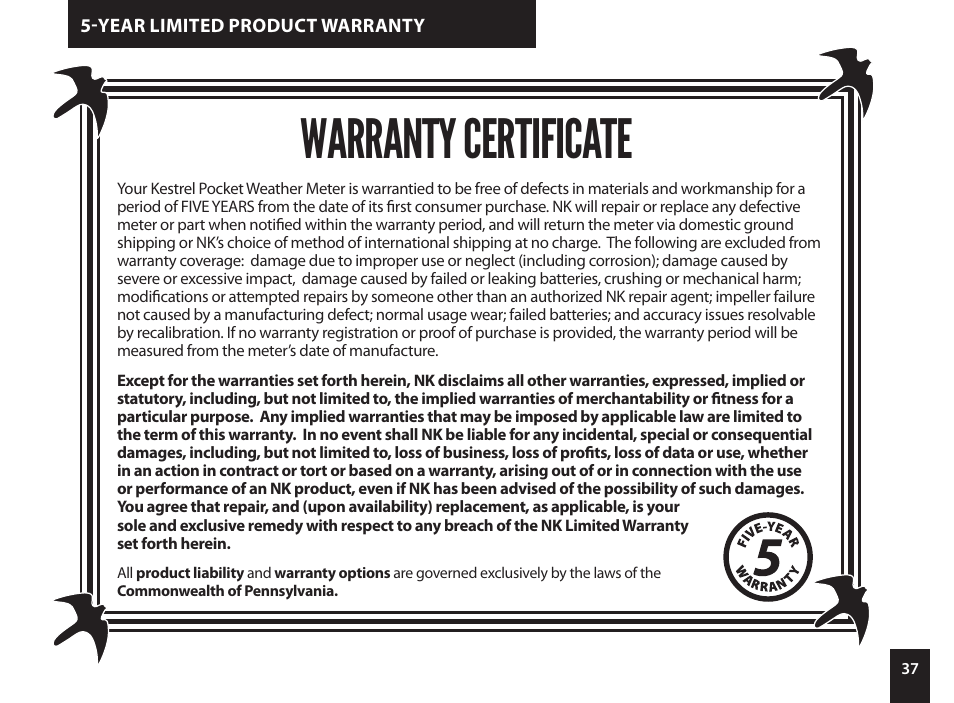 Warranty certificate | Kestrel 4500NV Applied Ballistics Meter User Manual | Page 37 / 40