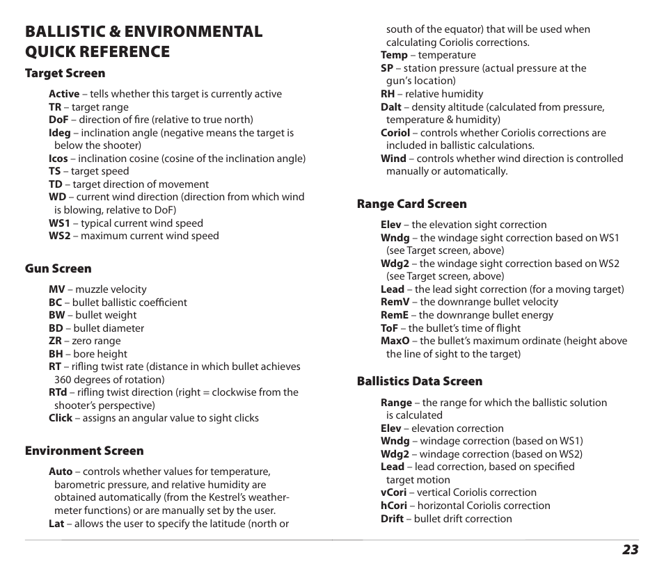 Ballistic & environmental quick reference | Kestrel 4500 Horus (Ballistics) User Manual | Page 12 / 15