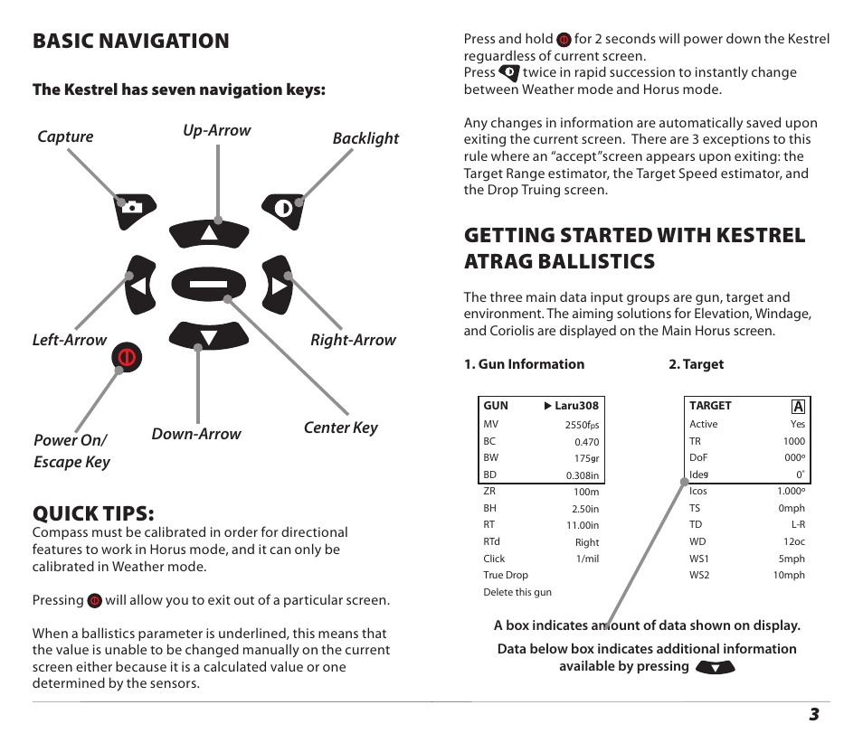 Getting started with kestrel atrag ballistics, Basic navigation, Quick tips | Kestrel 4500 Horus (Ballistics) User Manual | Page 2 / 15
