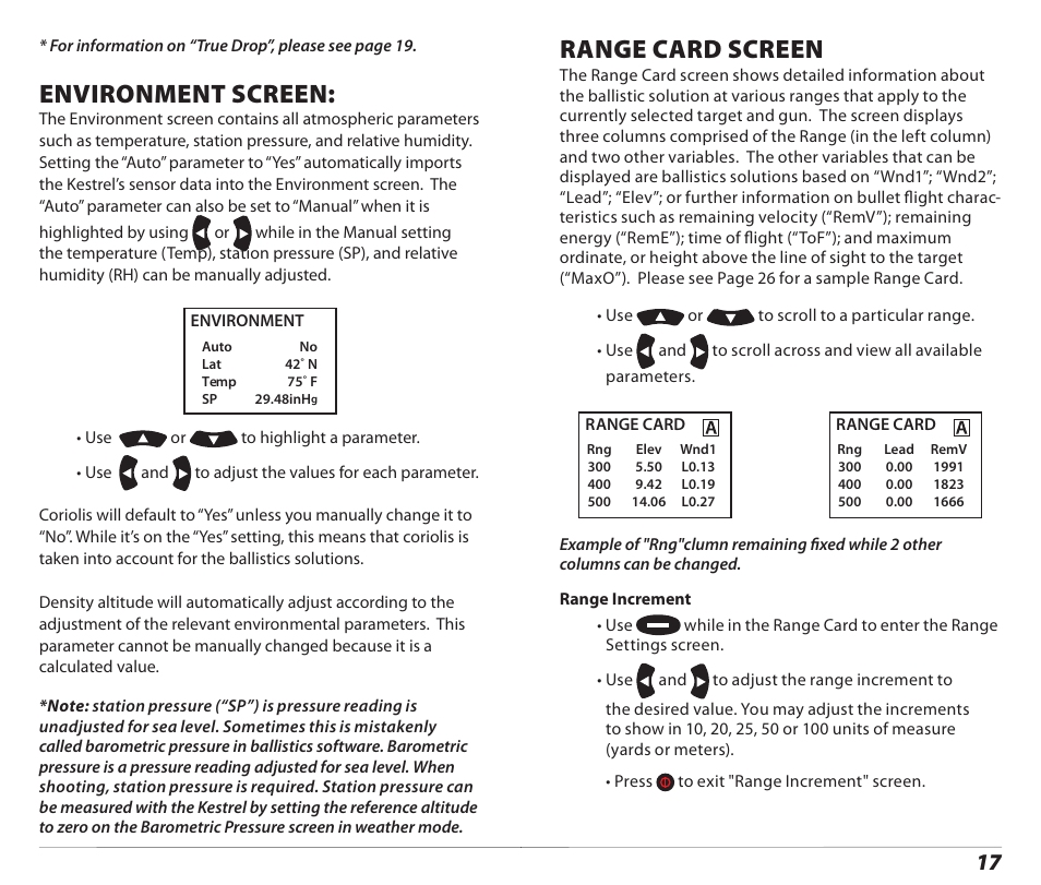 Environment screen, Range card screen | Kestrel 4500 Horus (Ballistics) User Manual | Page 9 / 15