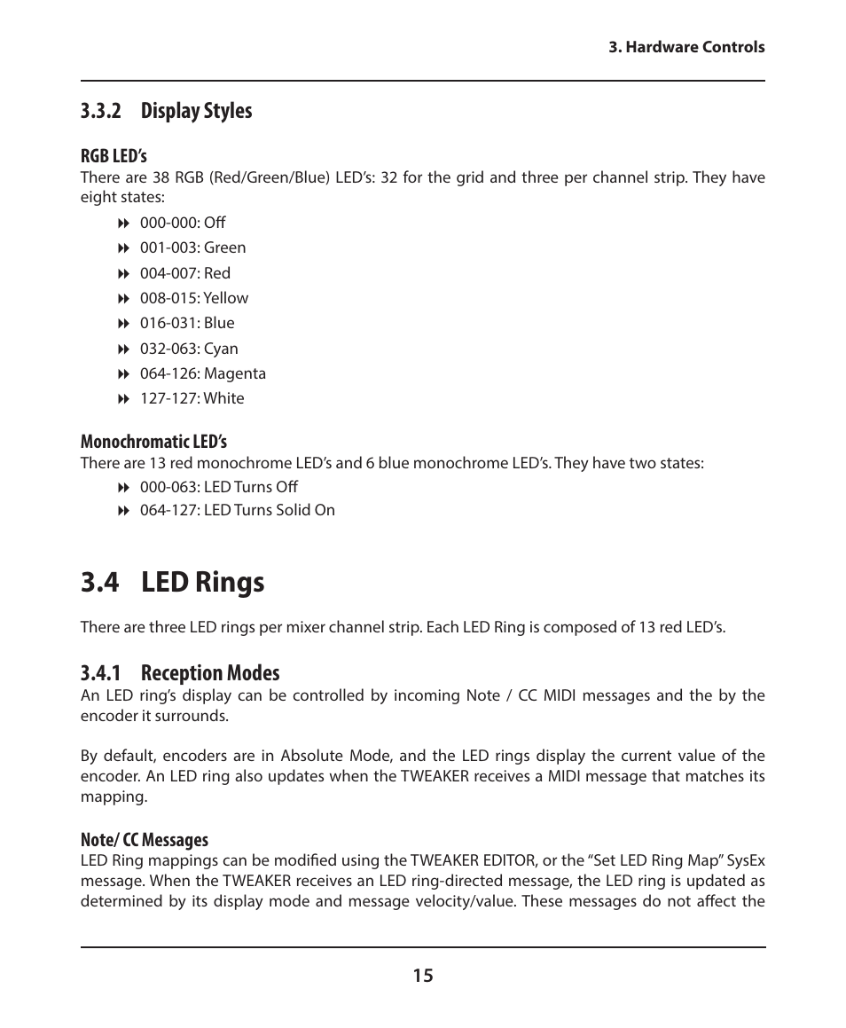 4 led rings, 2 display styles, 1 reception modes | Electrix Tweaker User Manual | Page 15 / 44