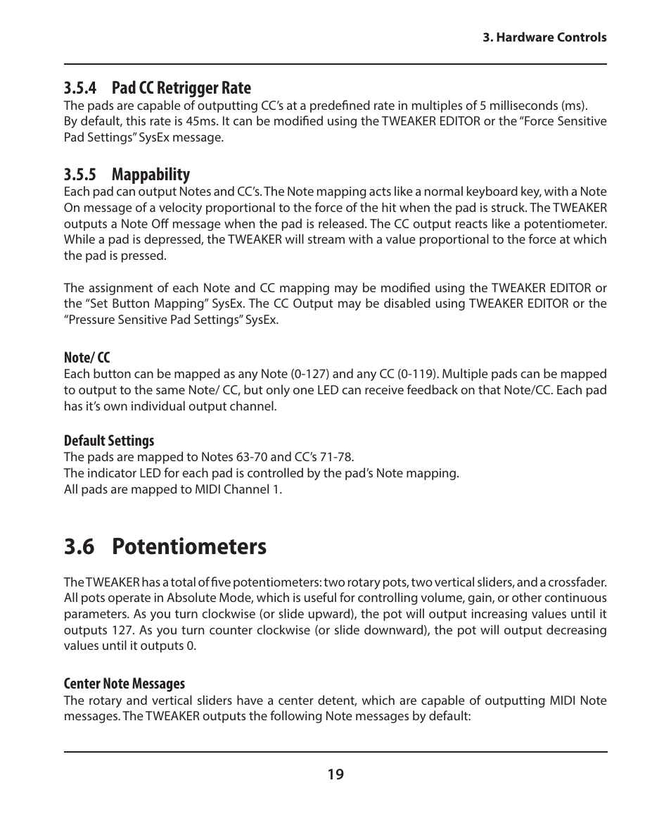 6 potentiometers, 4 pad cc retrigger rate, 5 mappability | Electrix Tweaker User Manual | Page 19 / 44
