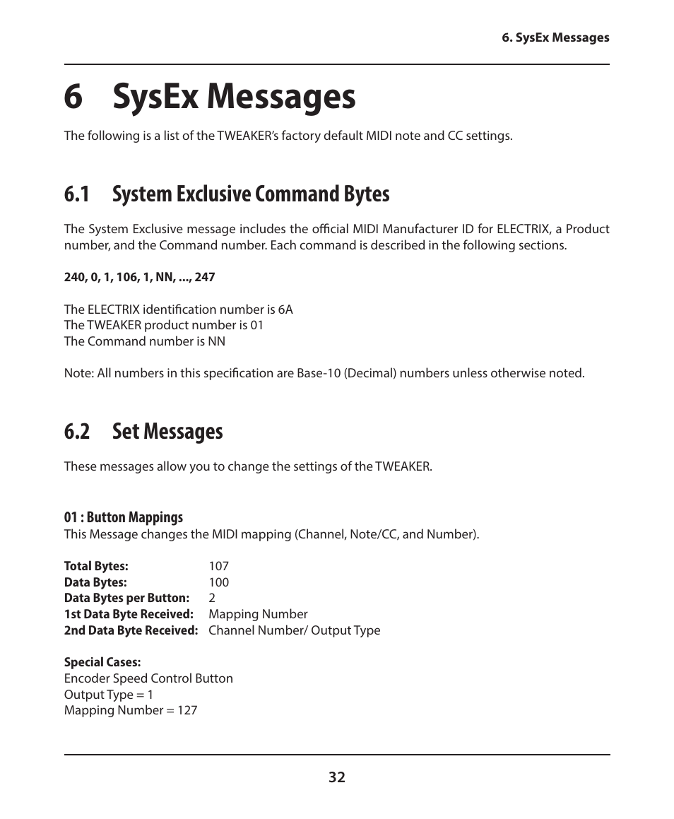 6 sysex messages, 1 system exclusive command bytes, 2 set messages | Electrix Tweaker User Manual | Page 32 / 44