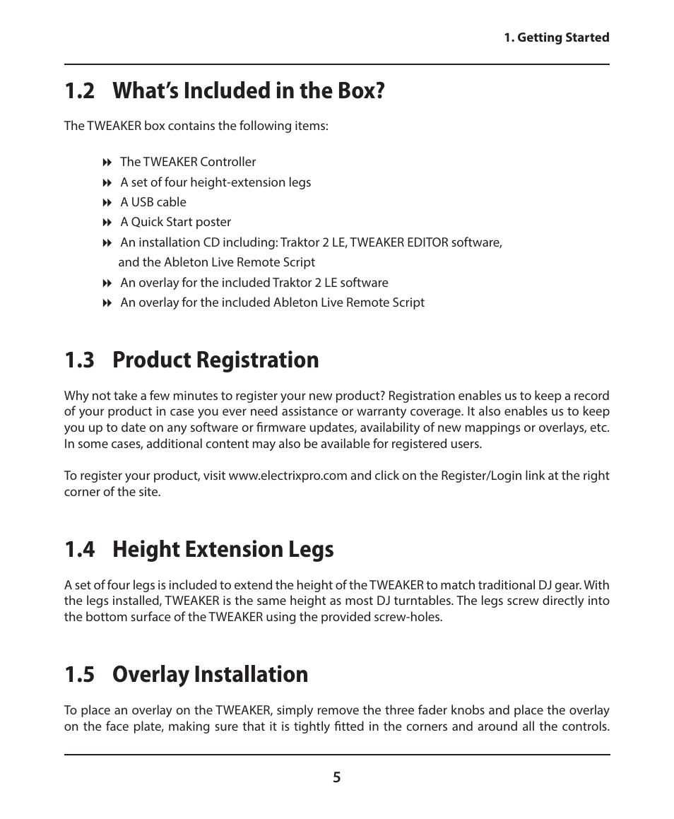 2 what’s included in the box, 3 product registration, 4 height extension legs | 5 overlay installation | Electrix Tweaker User Manual | Page 5 / 44