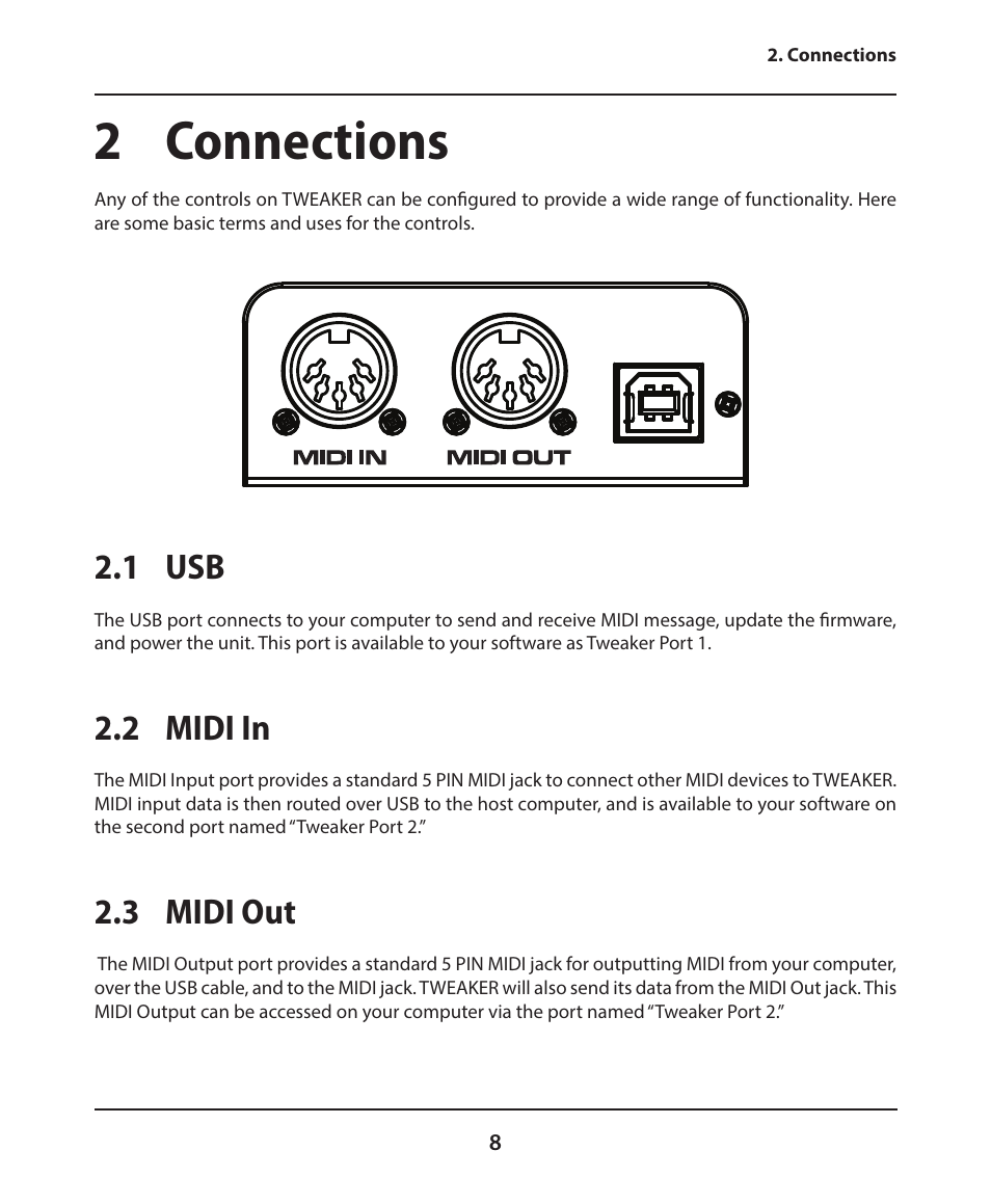 2 connections, 1 usb, 2 midi in | 3 midi out | Electrix Tweaker User Manual | Page 8 / 44