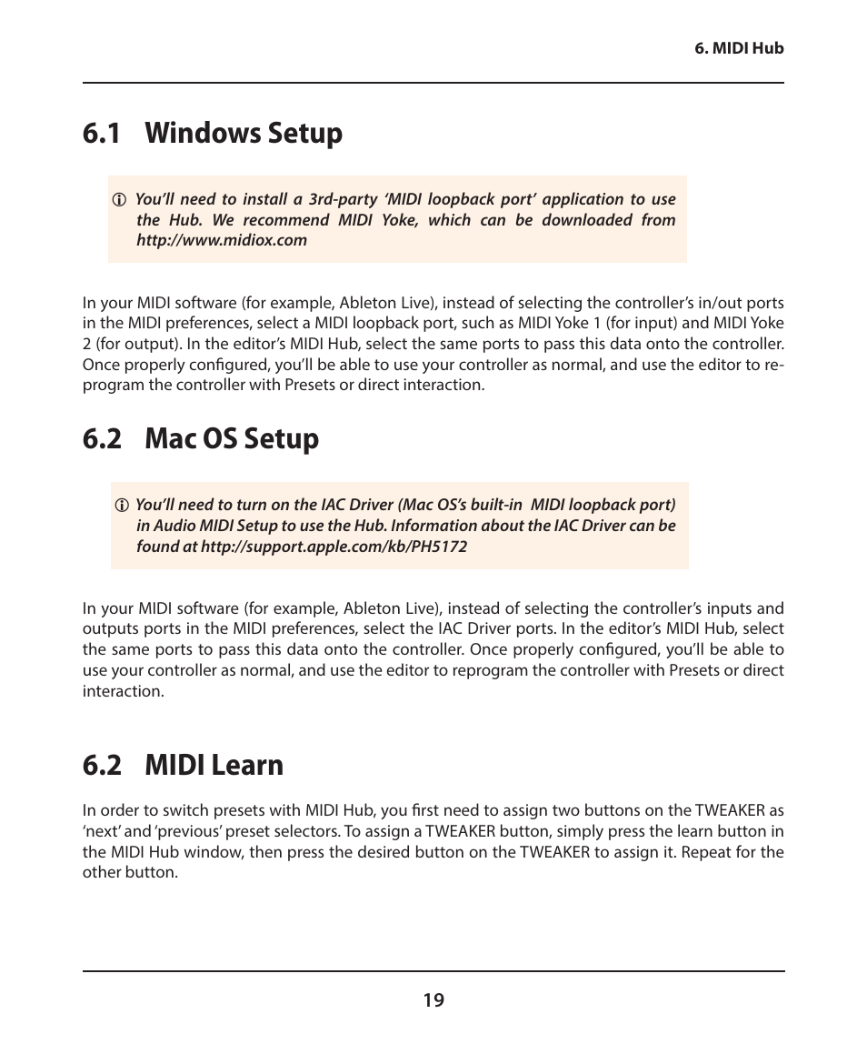 1 windows setup, 2 mac os setup, 2 midi learn | Electrix Tweaker Editor Reference User Manual | Page 19 / 22