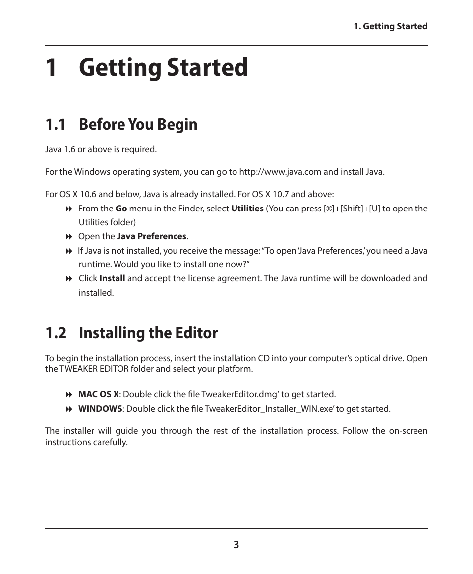 1 getting started, 1 before you begin, 2 installing the editor | Electrix Tweaker Editor Reference User Manual | Page 3 / 22