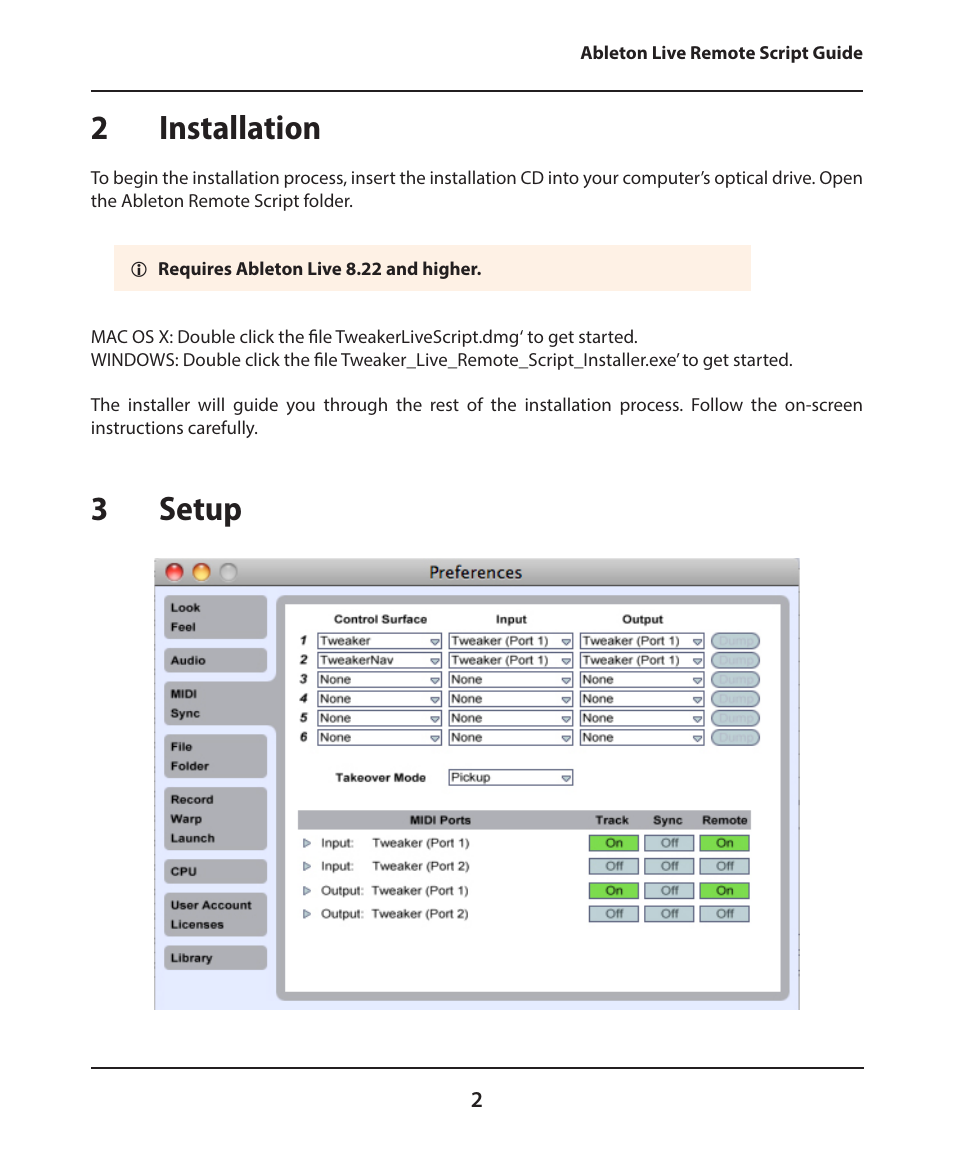 2 installation, 3 setup | Electrix Tweaker Ableton Live Remote Script User Manual | Page 2 / 5