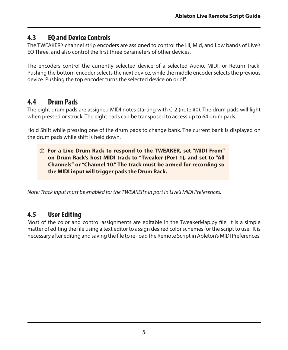 3 eq and device controls, 4 drum pads, 5 user editing | Electrix Tweaker Ableton Live Remote Script User Manual | Page 5 / 5