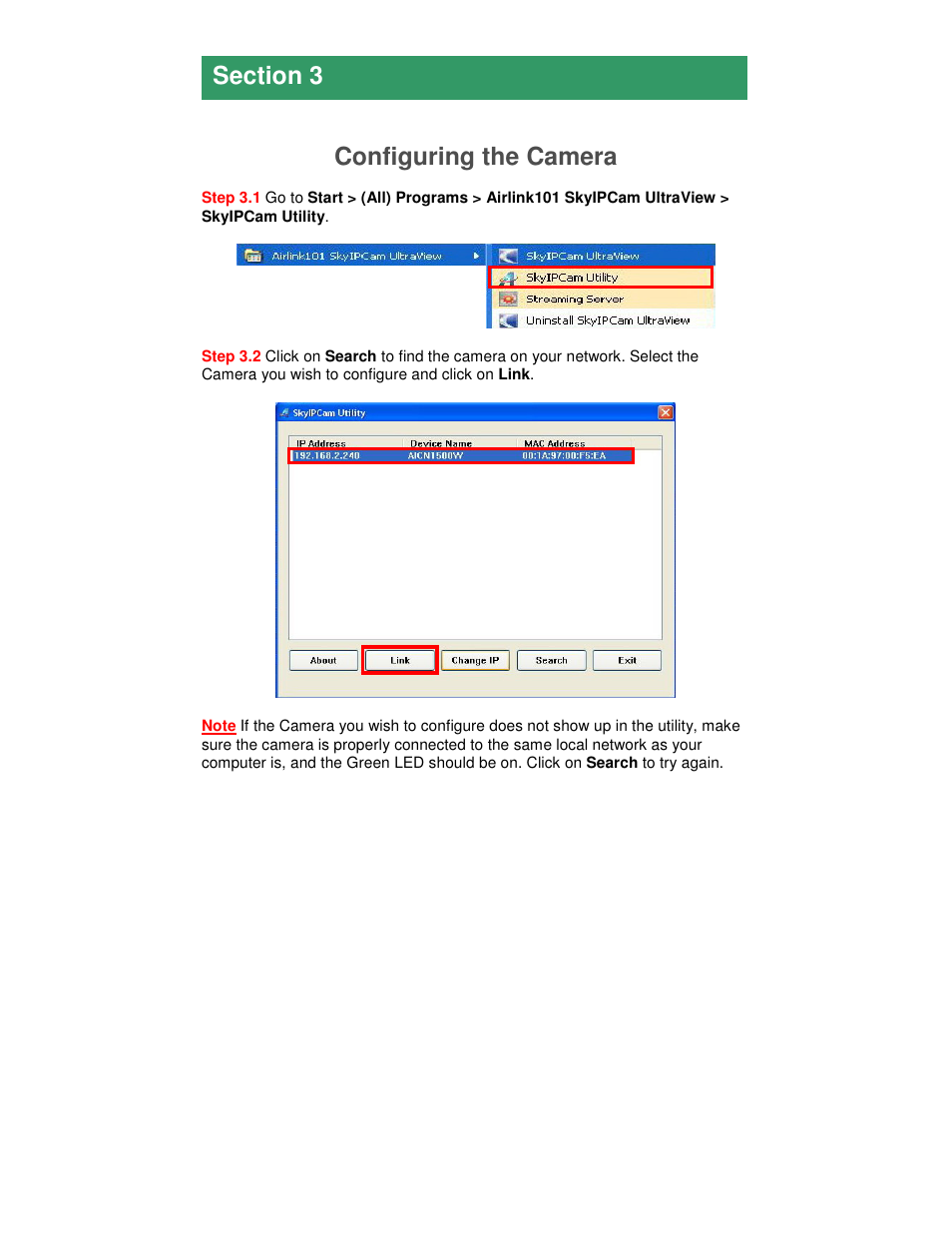 Configuring the camera | Airlink101 AICN1500W User Manual | Page 7 / 17