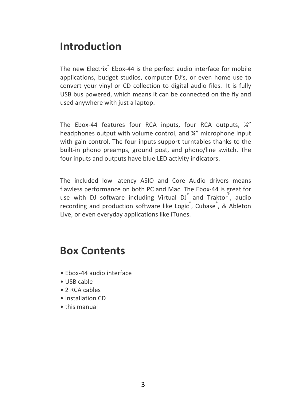 Introduction, Box contents | Electrix Ebox-44 User Manual | Page 3 / 16