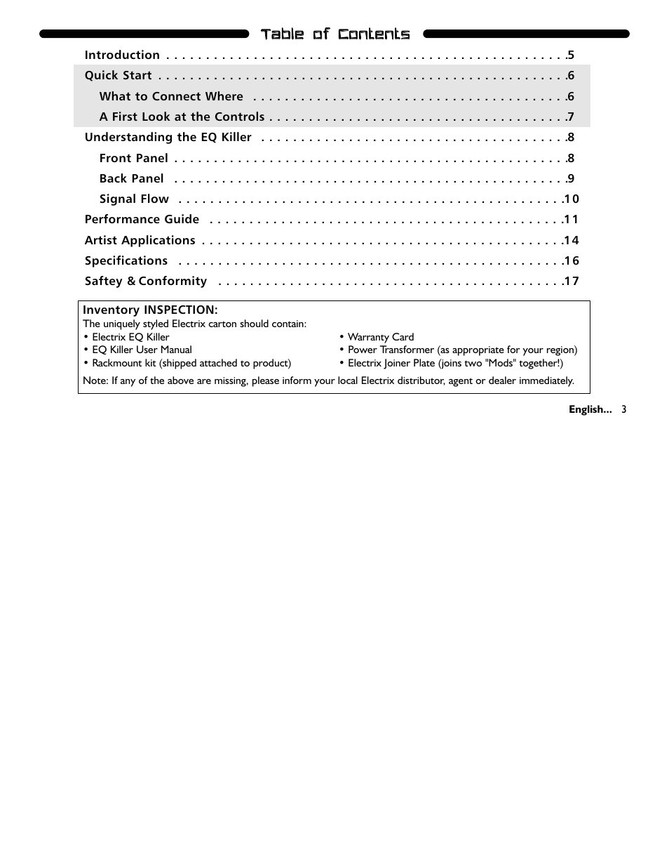 Tta ab blle e o off c co on ntte en ntts s | Electrix EQ Killer User Manual | Page 3 / 18