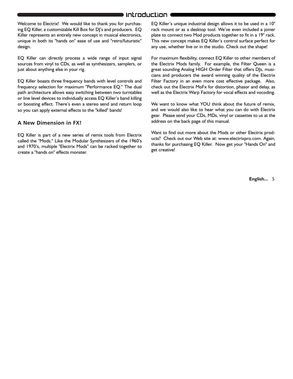 Iin nttrro od du uc cttiio on n | Electrix EQ Killer User Manual | Page 5 / 18