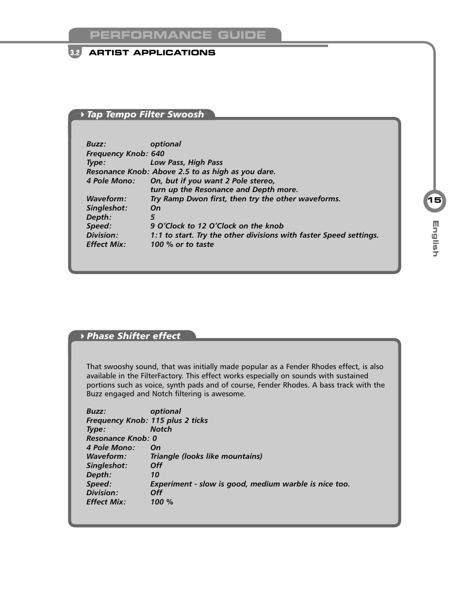 Performance guide | Electrix Filter Factory User Manual | Page 14 / 19