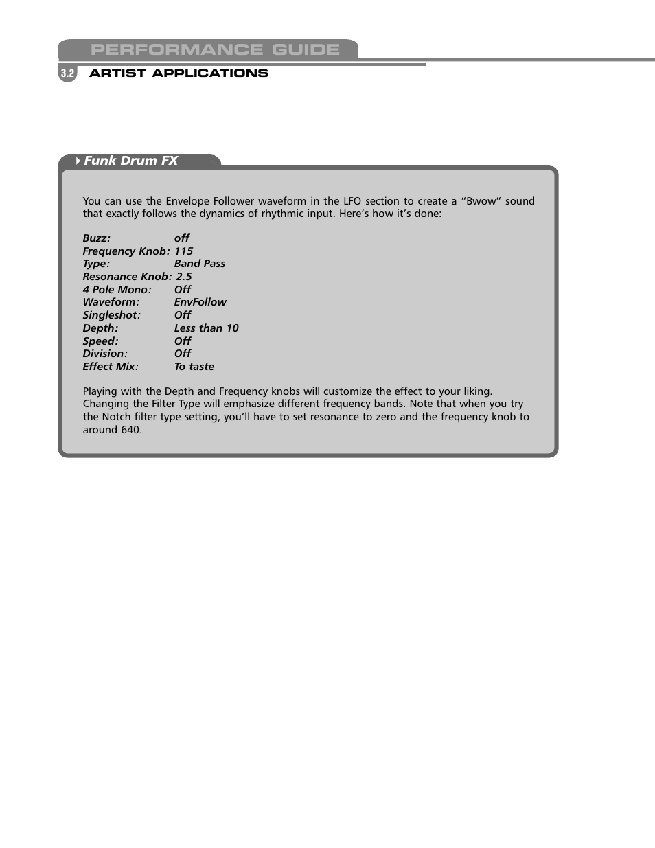 Performance guide | Electrix Filter Factory User Manual | Page 15 / 19