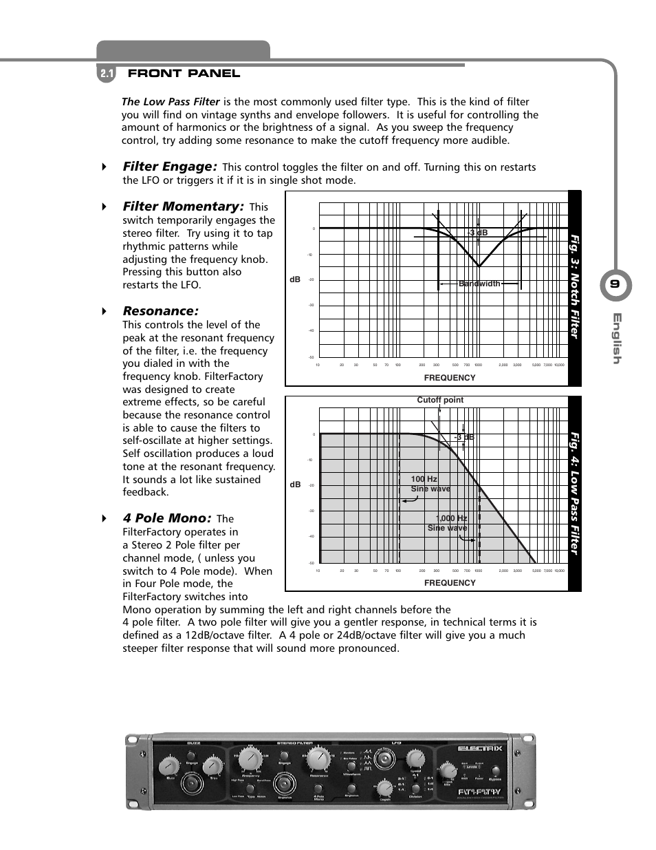 Filter engage, Filter momentary, Resonance | 4 pole mono, Fig. 3: notch filter, Fig. 4: low p ass filter front panel 2.1 | Electrix Filter Factory User Manual | Page 8 / 19