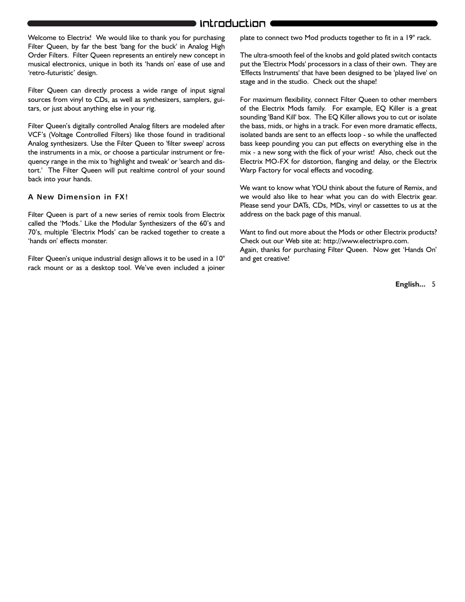Iin nttrro od du uc cttiio on n | Electrix Filter Queen User Manual | Page 5 / 18