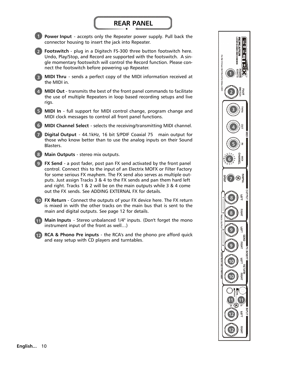 Rear panel | Electrix Repeater User Manual | Page 10 / 48
