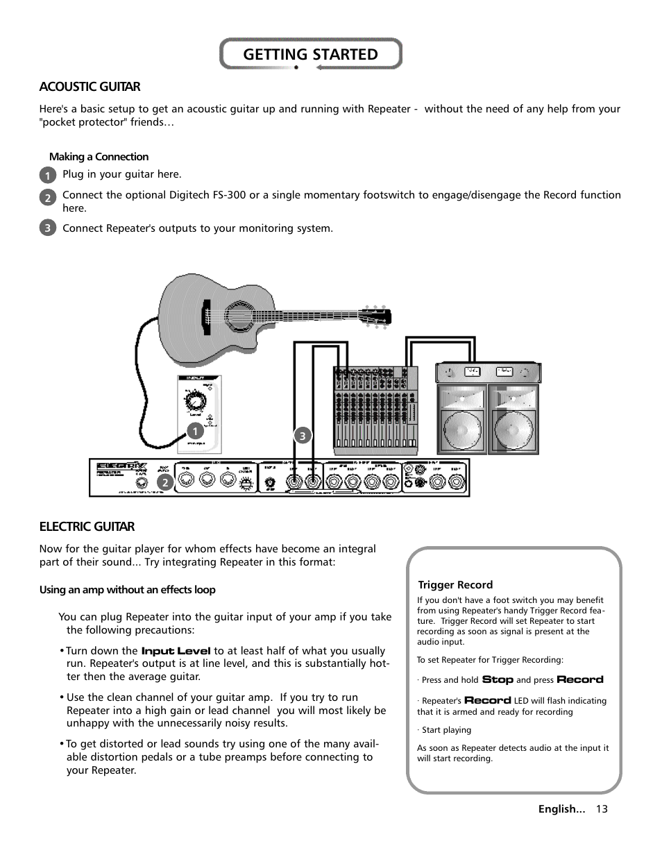 Getting started, Acoustic guita r, Electric guita r | Electrix Repeater User Manual | Page 13 / 48