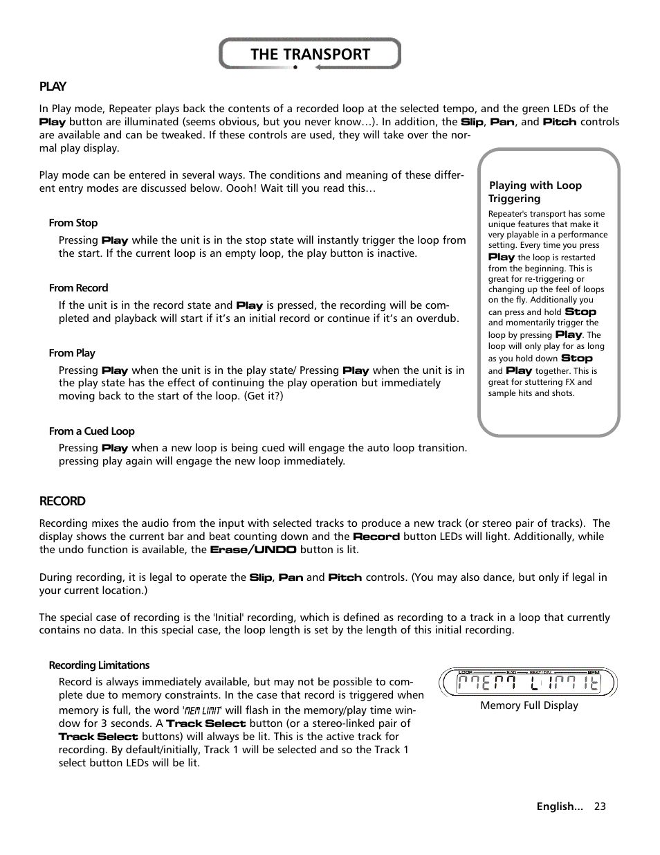 The transport, P l ay | Electrix Repeater User Manual | Page 23 / 48