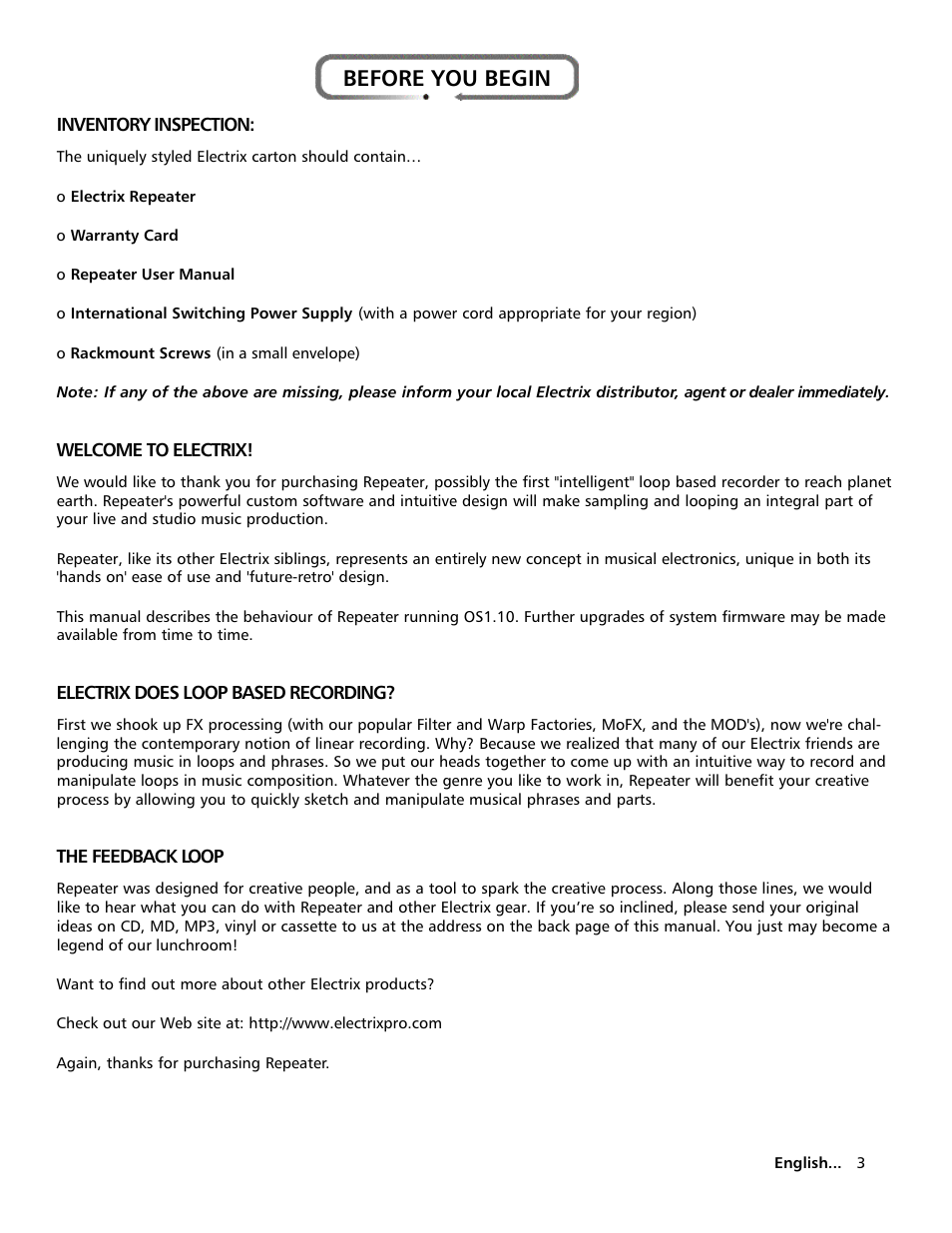 Before you begin | Electrix Repeater User Manual | Page 3 / 48