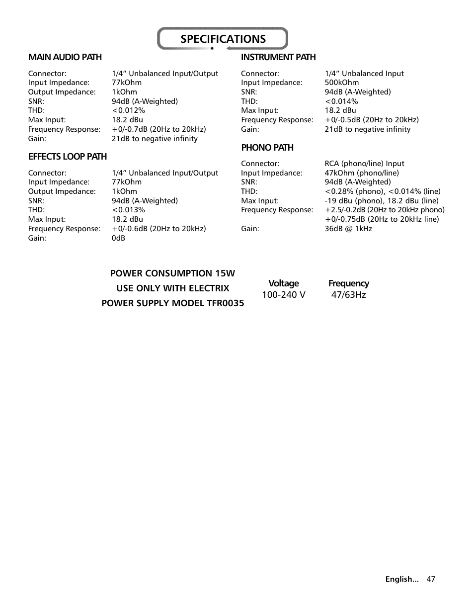 Specifications | Electrix Repeater User Manual | Page 47 / 48