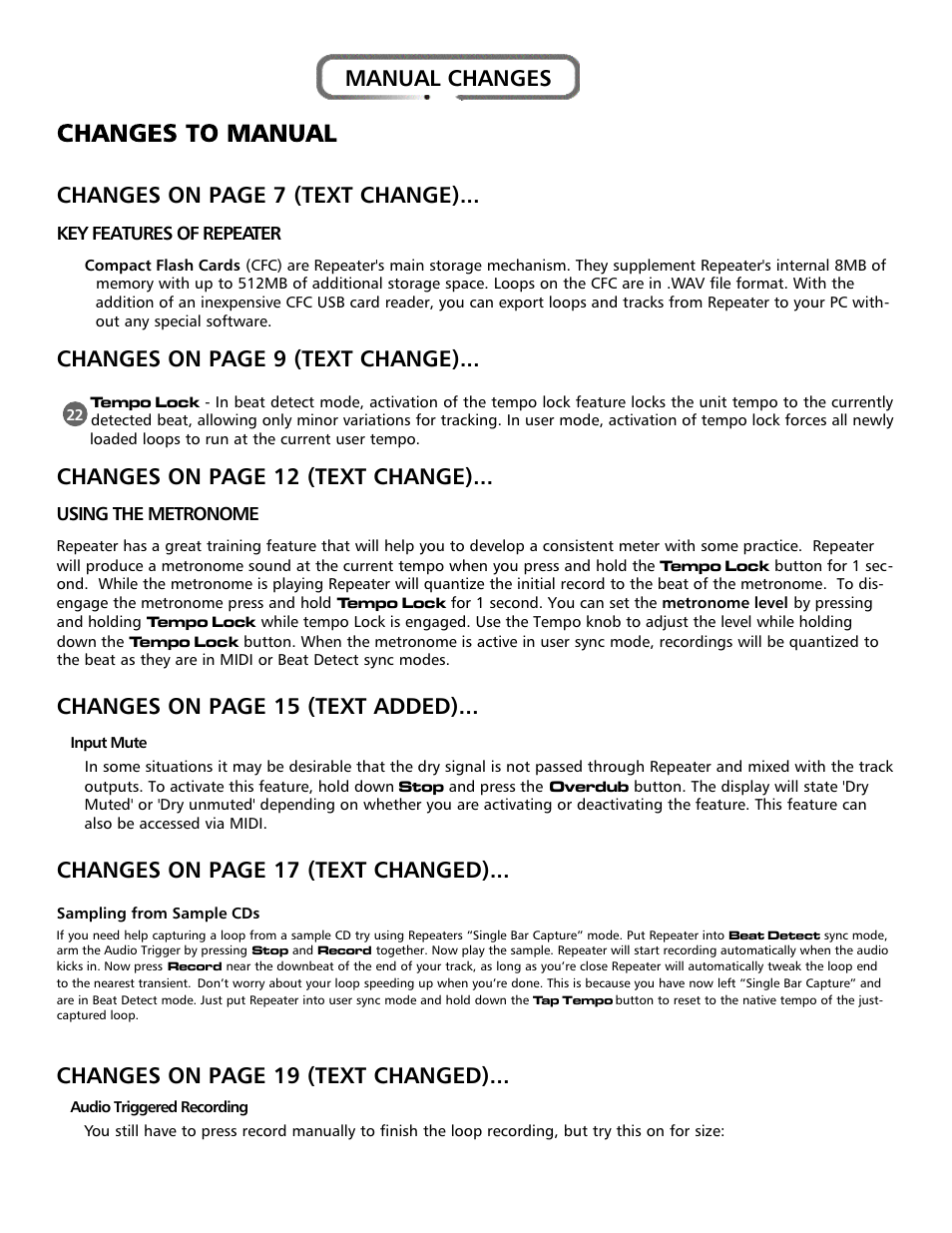 Changes on page 7 (text change), Changes on page 9 (text change), Changes on page 12 (text change) | Changes on page 15 (text added), Changes on page 17 (text changed), Changes on page 19 (text changed), Manual changes | Electrix Repeater Addendum User Manual | Page 2 / 7