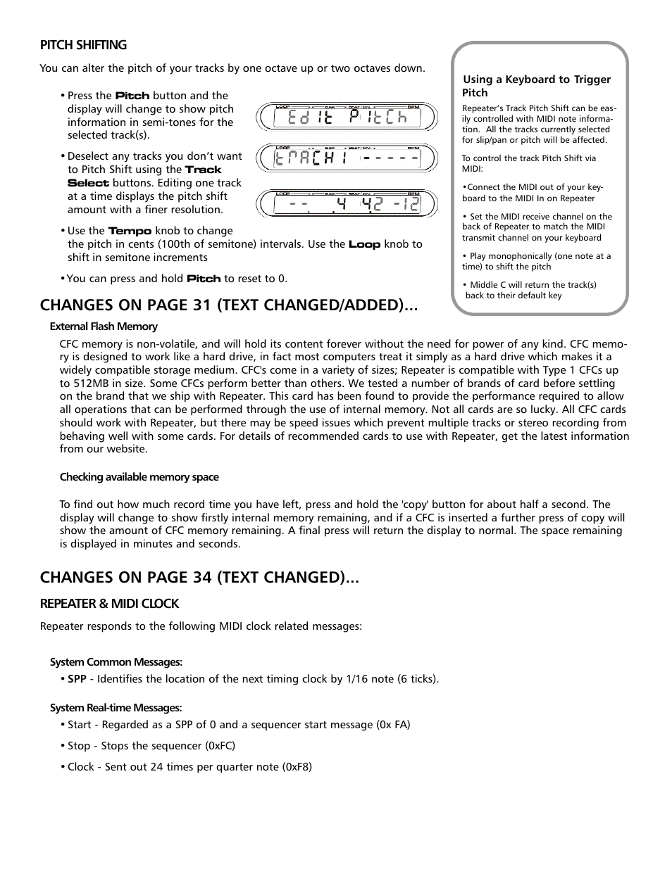 Changes on page 31 (text changed/added), Changes on page 34 (text changed) | Electrix Repeater Addendum User Manual | Page 4 / 7