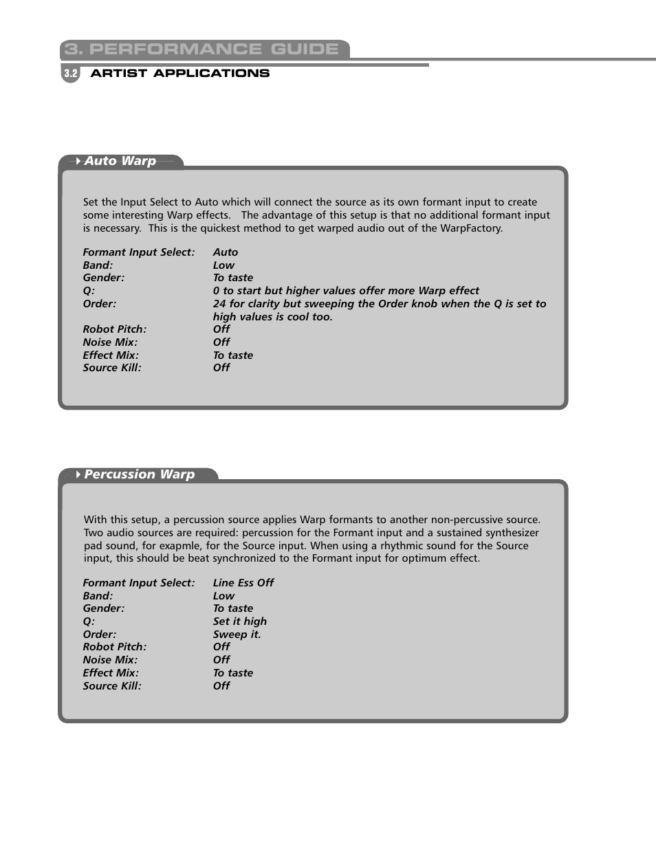 Performance guide | Electrix Warp Factory User Manual | Page 13 / 17