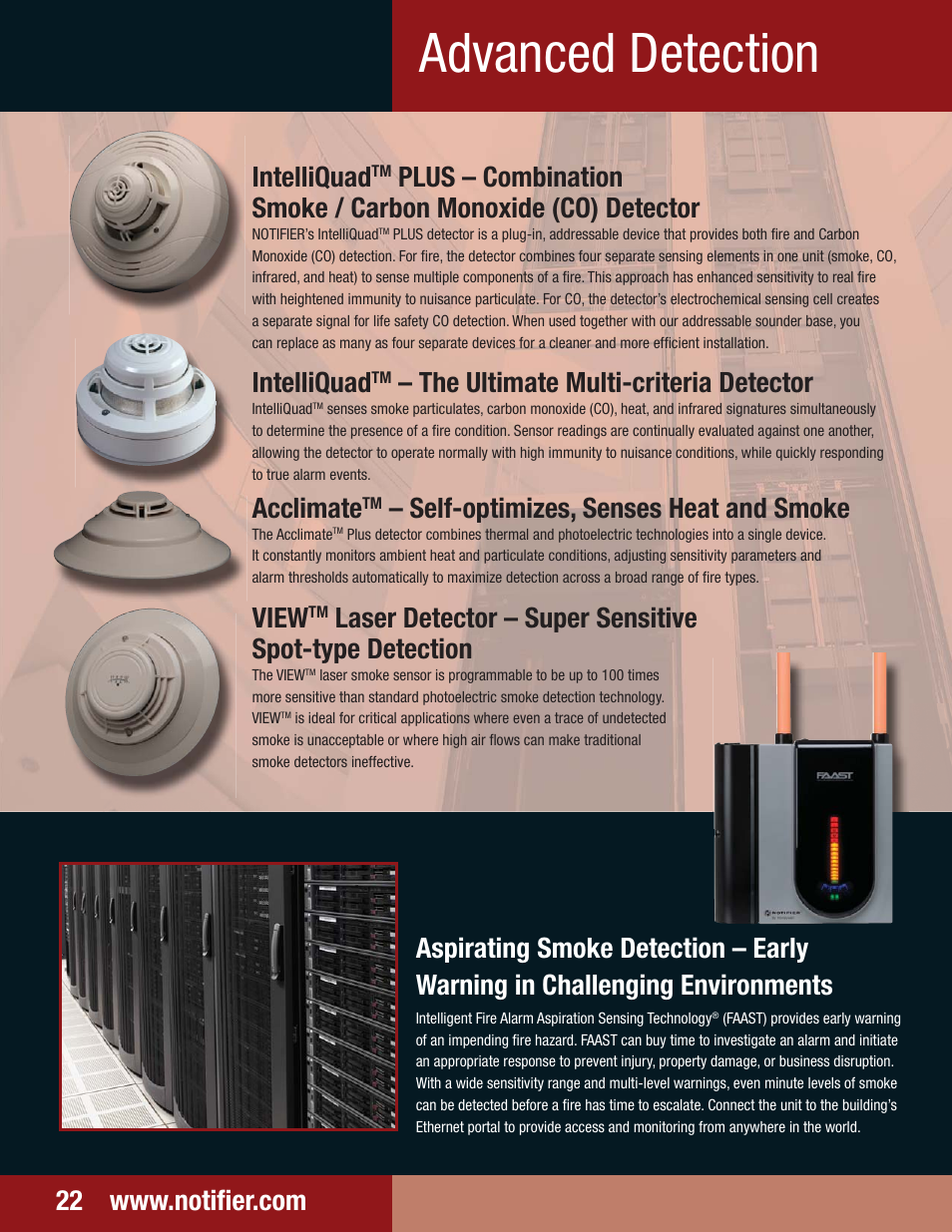 Advanced detection, Intelliquad, The ultimate multi-criteria detector | Acclimate, Self-optimizes, senses heat and smoke, View | Notifier NFS2-3030 User Manual | Page 22 / 24