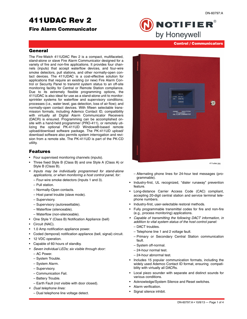 Notifier 411UDAC Rev 2 Fire Alarm Communicator User Manual | 4 pages