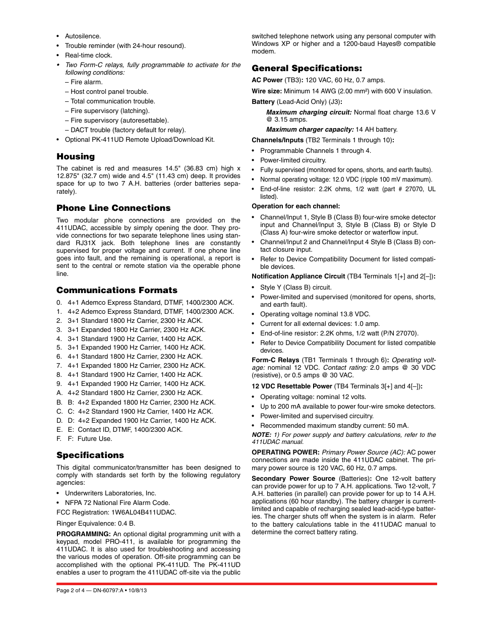 Housing, Phone line connections, Communications formats | Specifications, General specifications | Notifier 411UDAC Rev 2 Fire Alarm Communicator User Manual | Page 2 / 4