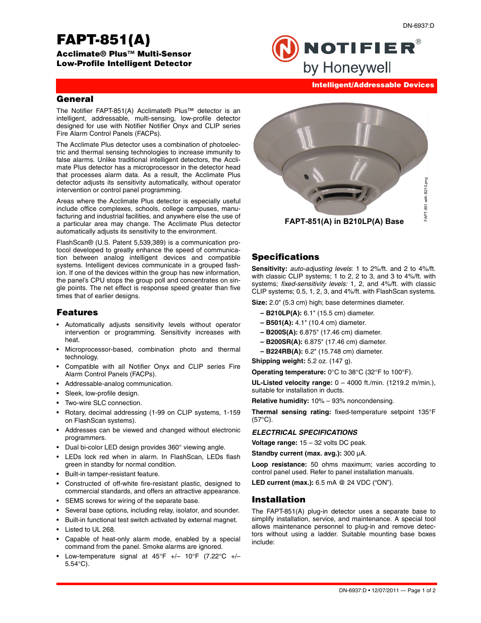 Notifier FAPT-851 User Manual | 2 pages