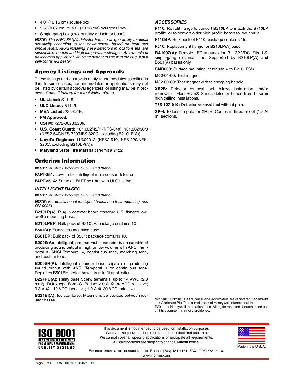 Agency listings and approvals, Ordering information | Notifier FAPT-851 User Manual | Page 2 / 2